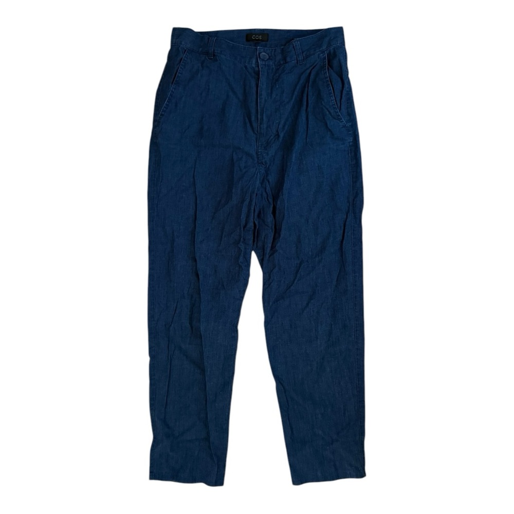 COS Chambray Cotton Pants Blue Navy Size 4 Denim Tapered High Waisted Zip Modern